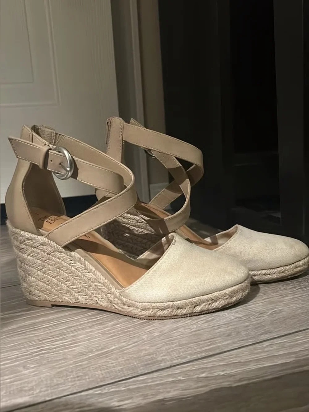 Time and Tru Beige Espadrille Wedge Sandals with Crisscross Ankle Straps